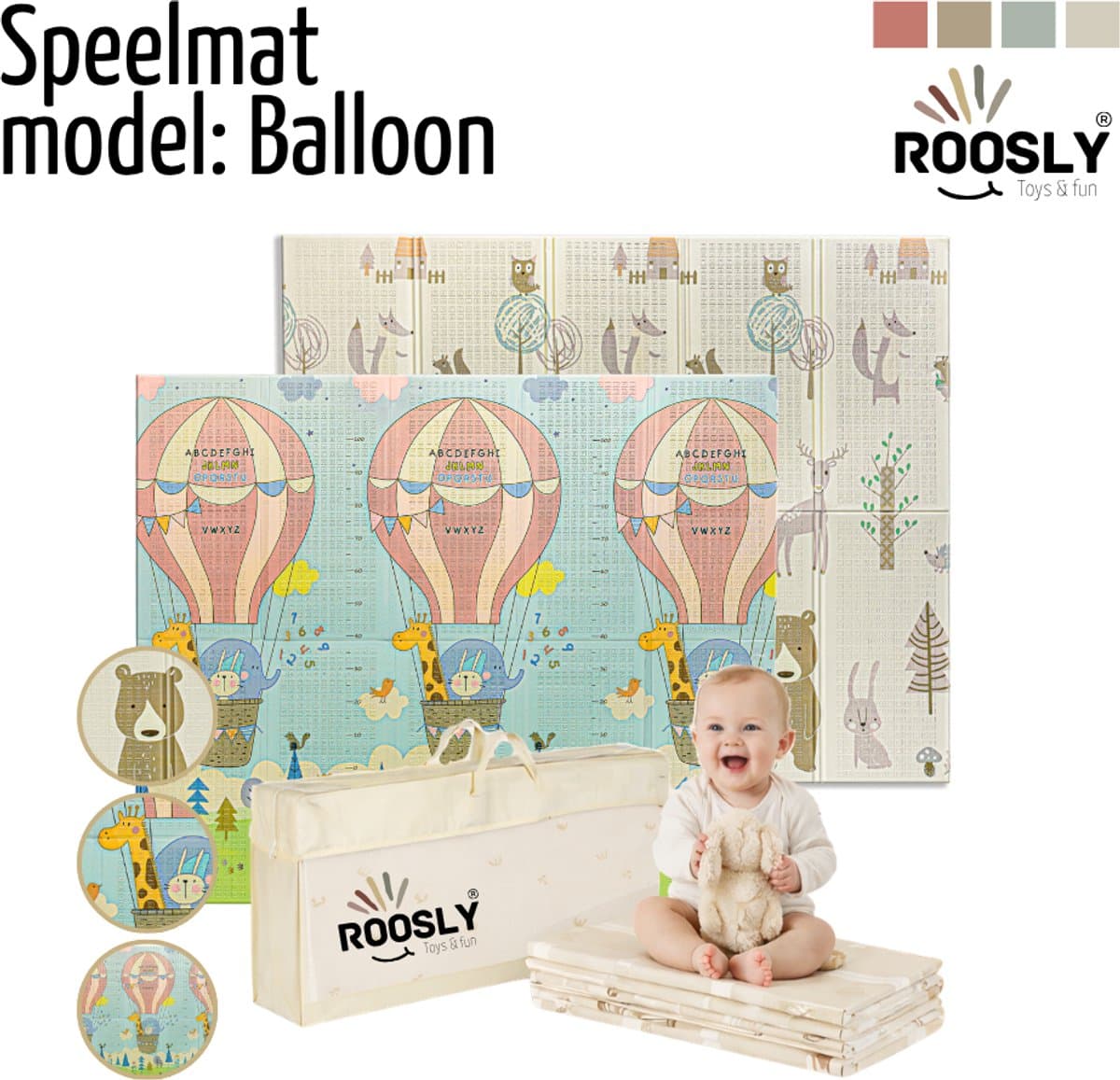 Roosly Speelmat Baby - Speelkleed Baby - Inclusief Opbergtas - babygym - kruipmat - playmat - Dubbelzijdig en opvouwbare Foam XPE 180 x 200 cm - speelgoed - Veilig & Zacht - model Balloon thumbnail 3