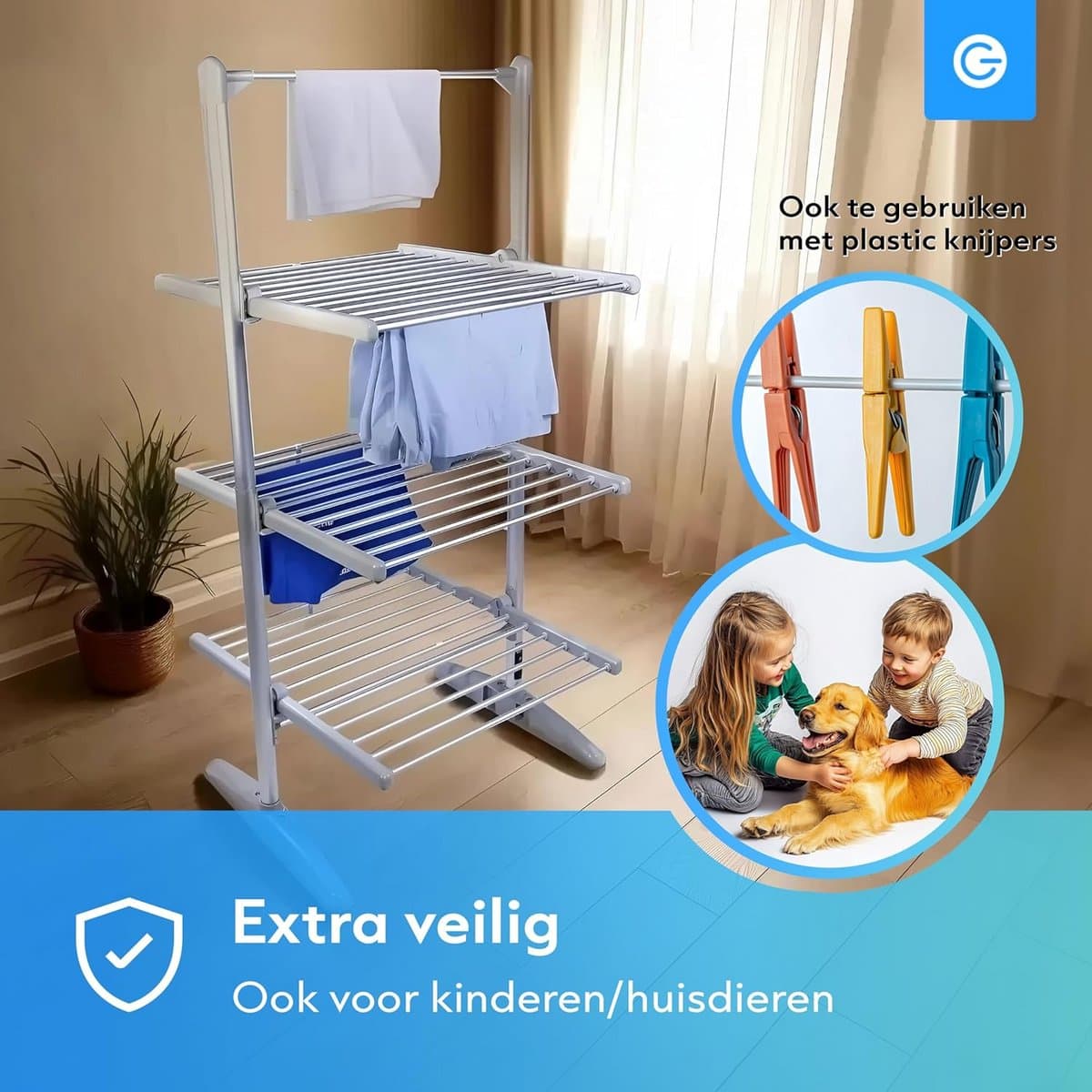 Elektrische Droogtoren - Verwarmd Rek - Kleding Drogen - 4 Opvouwbare Lagen - 73x70x147cm - Grijs thumbnail 8