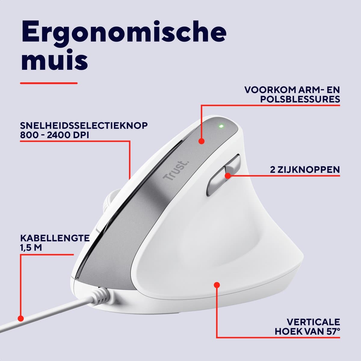 Trust Bayo II - Ergonomische Muis - Verticaal - Bedraad - Wit thumbnail 4