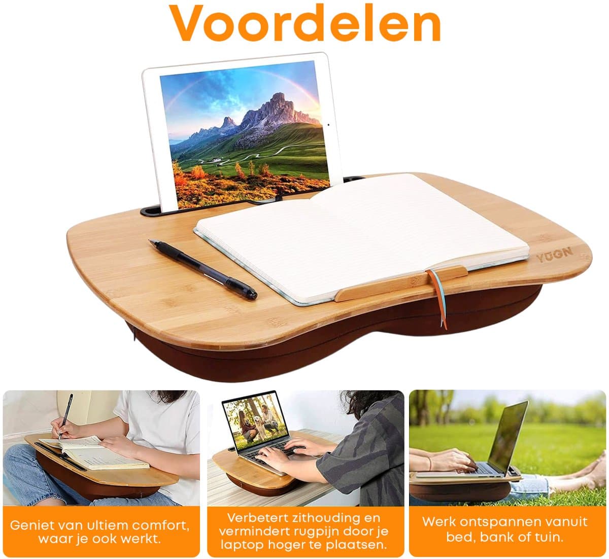 YUGN Laptopkussen 15 Inch - Bamboe Laptop Kussen - Laptop Tray Met Kussen - Schootbureau - Schootkussen - Thuiswerken thumbnail 4