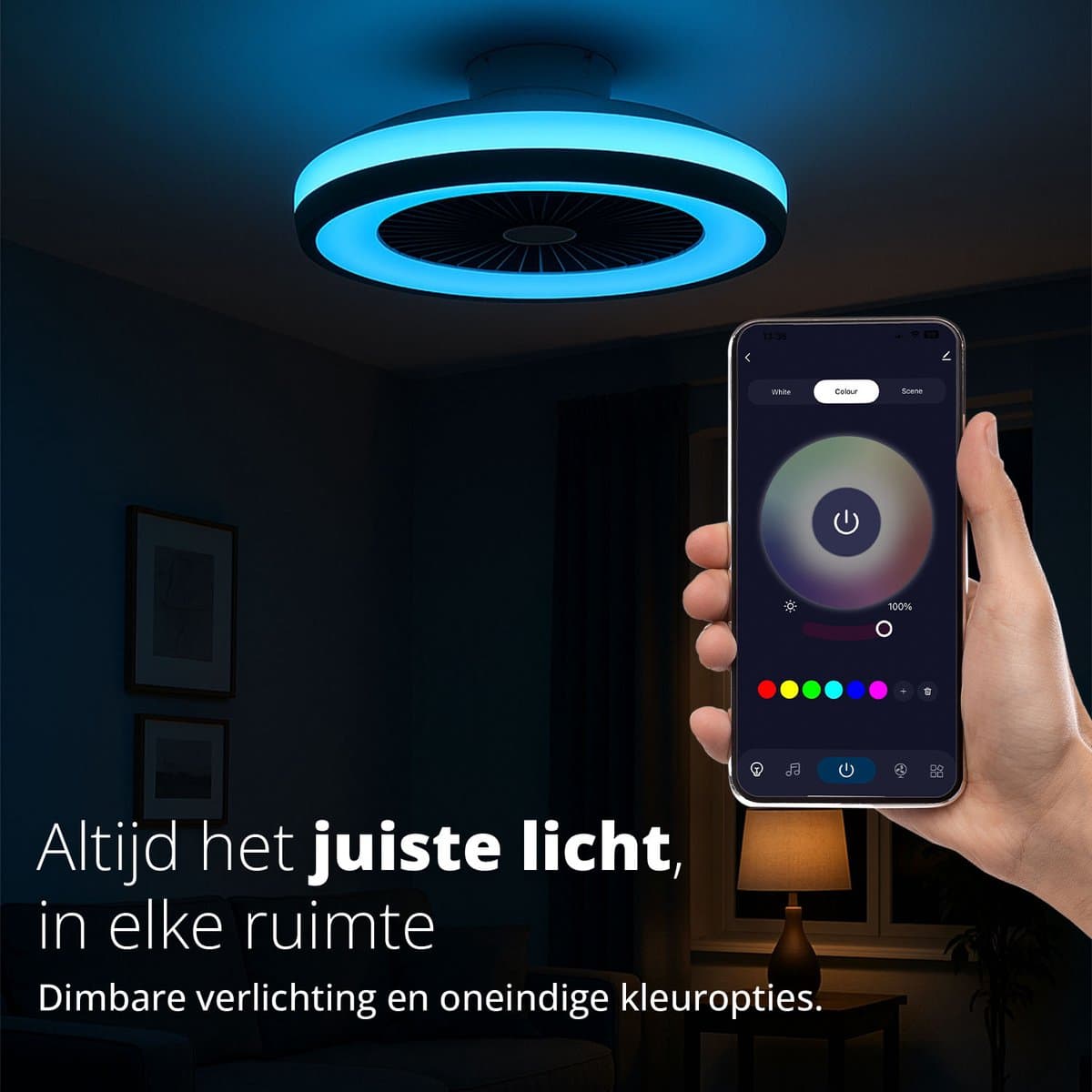 FlinQ LumiFan XL Ø60 cm Smart Plafondventilator met Verlichting - Lamp met 16 Miljoen Kleuren - Ventilator voor aan het Plafond - Ideaal voor op de Slaapkamer - Bestuurbaar met App of Afstandsbediening thumbnail 4
