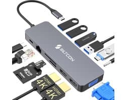 Productfoto van Siltcon 13-in-1 dockingstation met twee 4K HDMI, VGA, ethernet, 100 W PD en kaartlezer