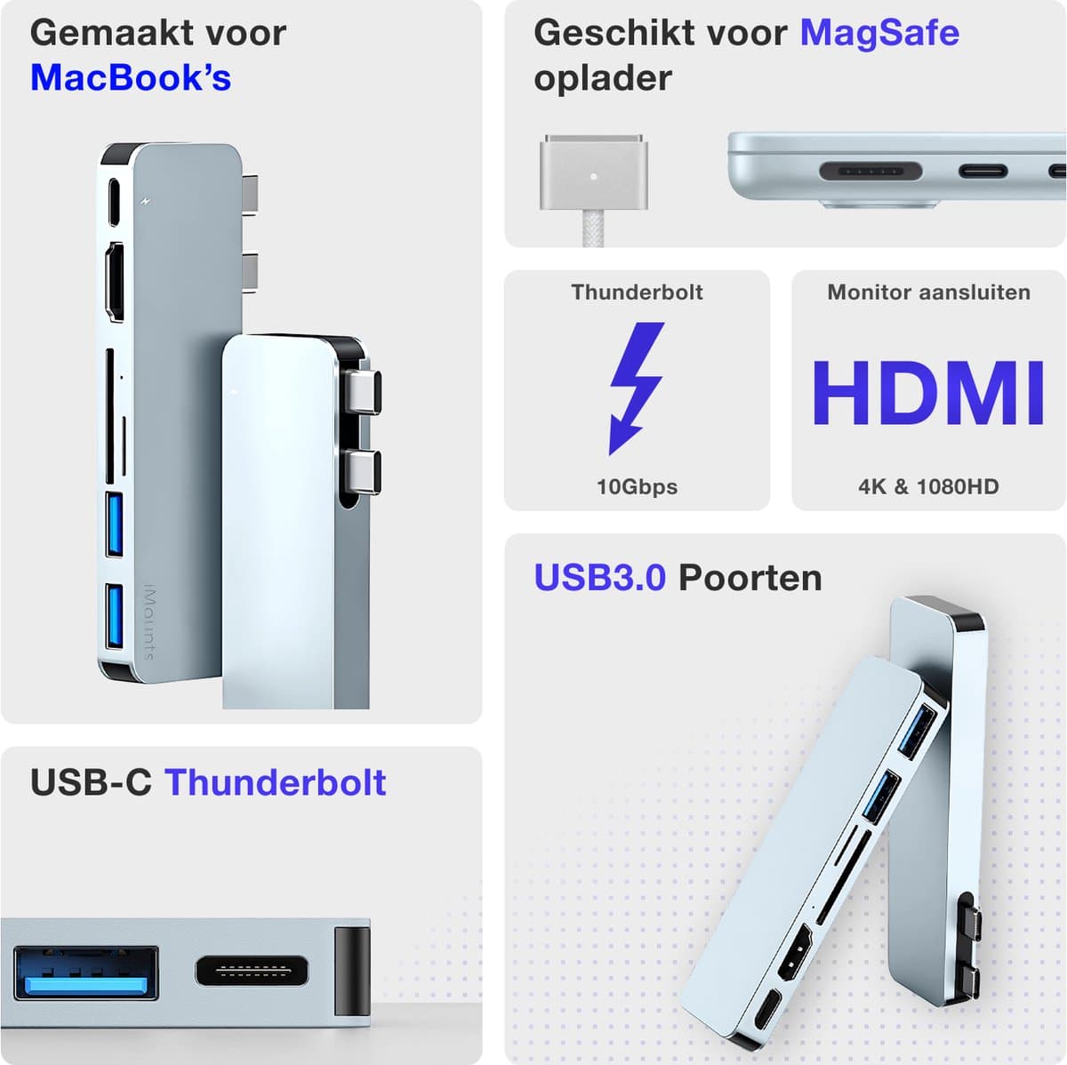 iMounts MacBook Air usb-c hub - HDMI - USB3.0 - SD reader - Air M3/M4/M5 - Sky Blue / Hemelsblauw thumbnail 4