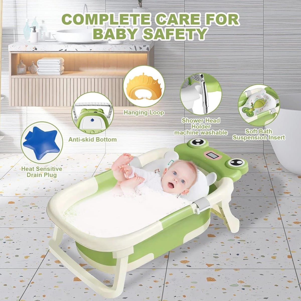 Opvouwbare Babybadkuip met Thermometer en Zwemkussen voor Baby's 0-24 maanden thumbnail 4