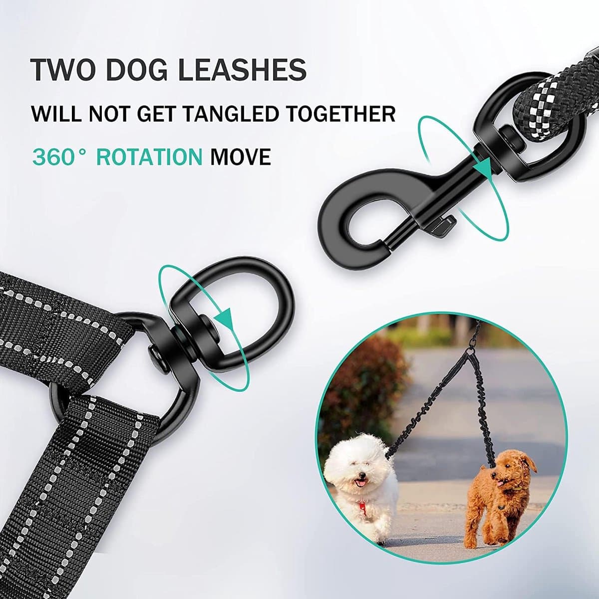 Dubbele hondenriem - Klitvrij - Intrekbare elastische nylon hondenriem - Reflecterende band en gevoerde handgreep - Voor twee honden - Wandelen - Oefening (zwart) thumbnail 5