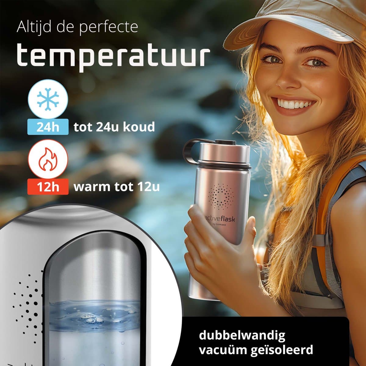 bemaxx Drinkfles met Rietje RVS Thermosfles ACTIVE FLASK (3 Drinkdoppen met Infuser), Volwassenen Kinderen, BPA-Vrij + Lekvrij | 1 Liter/500 ml Isoleerfles, Vacuüm Waterfles Sport Fitness Fietsen Water Fles Waterbidon Sportbidon thumbnail 8