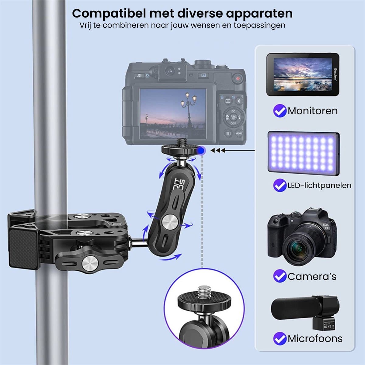 AdroitGoods Super Clamp Cameraklem – 360° Magic Arm met Dubbele Kogelkop & 1/4"- en 3/8"-Schroefdraad voor DSLR, LED-verlichting, Ronin & MOVI thumbnail 7