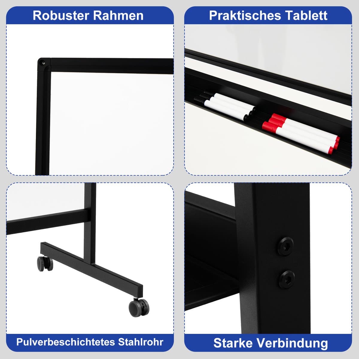 COSTWAY Mobiel whiteboard, 120 x 60 cm, dubbelzijdig magnetisch whiteboard met standaard en wielen, droog afwasbaar, verstelbaar whiteboard incl. accessoires voor thuis, kantoor en school, zwart thumbnail 3