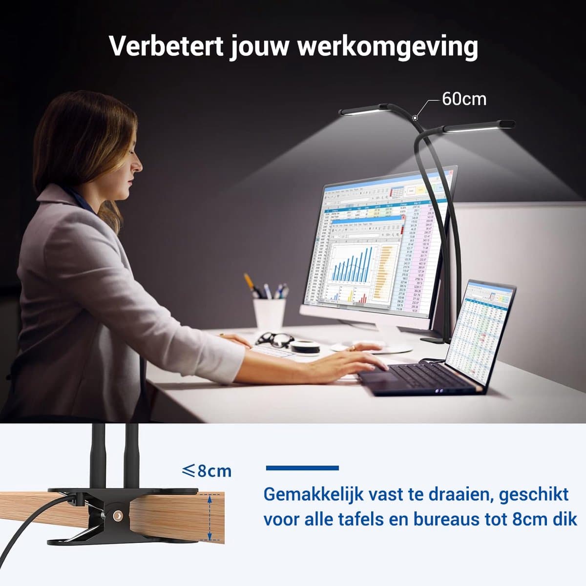 LotaHome - Bureaulamp LED Dimbaar - Dubbele Flexibele Bureauverlichting - Bureaulamp met Klem - Desklamp - Laptoplamp - Tafellamp - Werkverlichting - Inklapbaar - Bureauaccessoires - 5 Lichtstanden en 3 Dimfuncties - Touchscreen - Afstandsbediening thumbnail 7