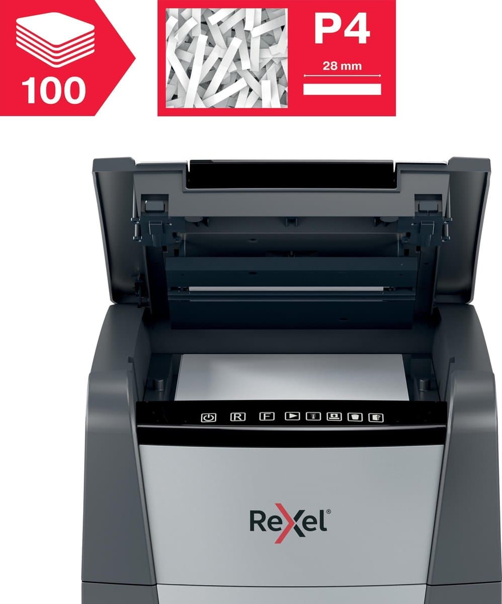 Rexel Optimum AutoFeed+ 100X Fluisterstille Papierversnipperaar - P4 Snippers - Automatische Invoer Tot 100 Vel - 34L - Zwart thumbnail 6