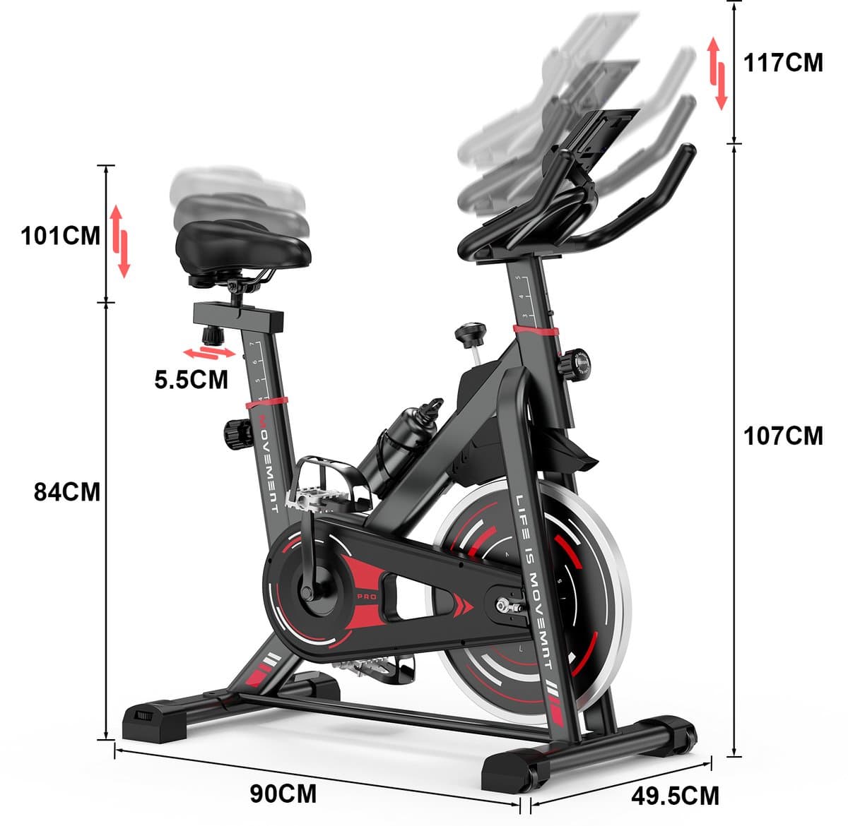 Hometrainers - Fitnessfiets voor binnenshuis met vliegwiel van 10 kg - LCD-scherm - Verstelbare stoel en armleuningen - Draagvermogen 120 kg thumbnail 8