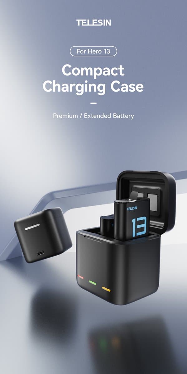 Telesin Battery Charger Box + 2x accu voor GoPro Hero 13 - Laadt 3 Accu's Tegelijk op - Opbergdoos voor Accu's en 2 MicroSD Kaarten thumbnail 4