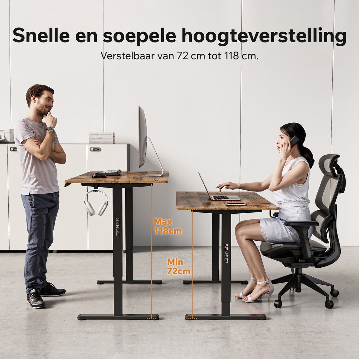 SENSE7 NOJO LIGHT - Zit Sta Bureau - 140 cm x 70 cm - Elektrisch bureau - Verstelbare bureau - Elektrische Hoogteverstelling, Hoogte 72-118 cm, Intelligent Bedieningspaneel, Donkerbruin thumbnail 2
