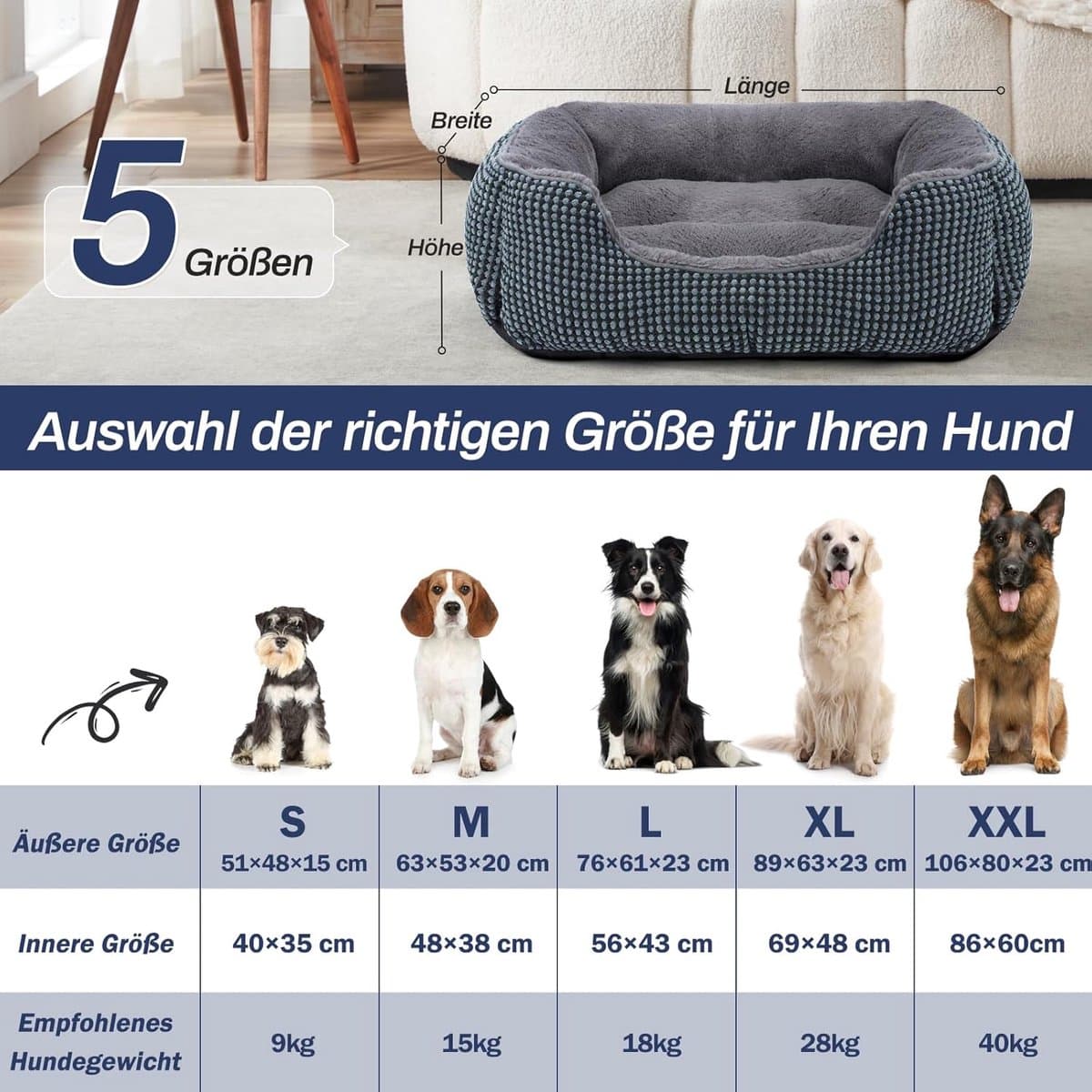 PromoHome XXL Zacht en Groot Formaat Hondenbed - Wasbaar Antislip Comfortabel Huisdierbed met Verhoogde Randen voor Grote Honden en Katten - Donkerblauw thumbnail 2