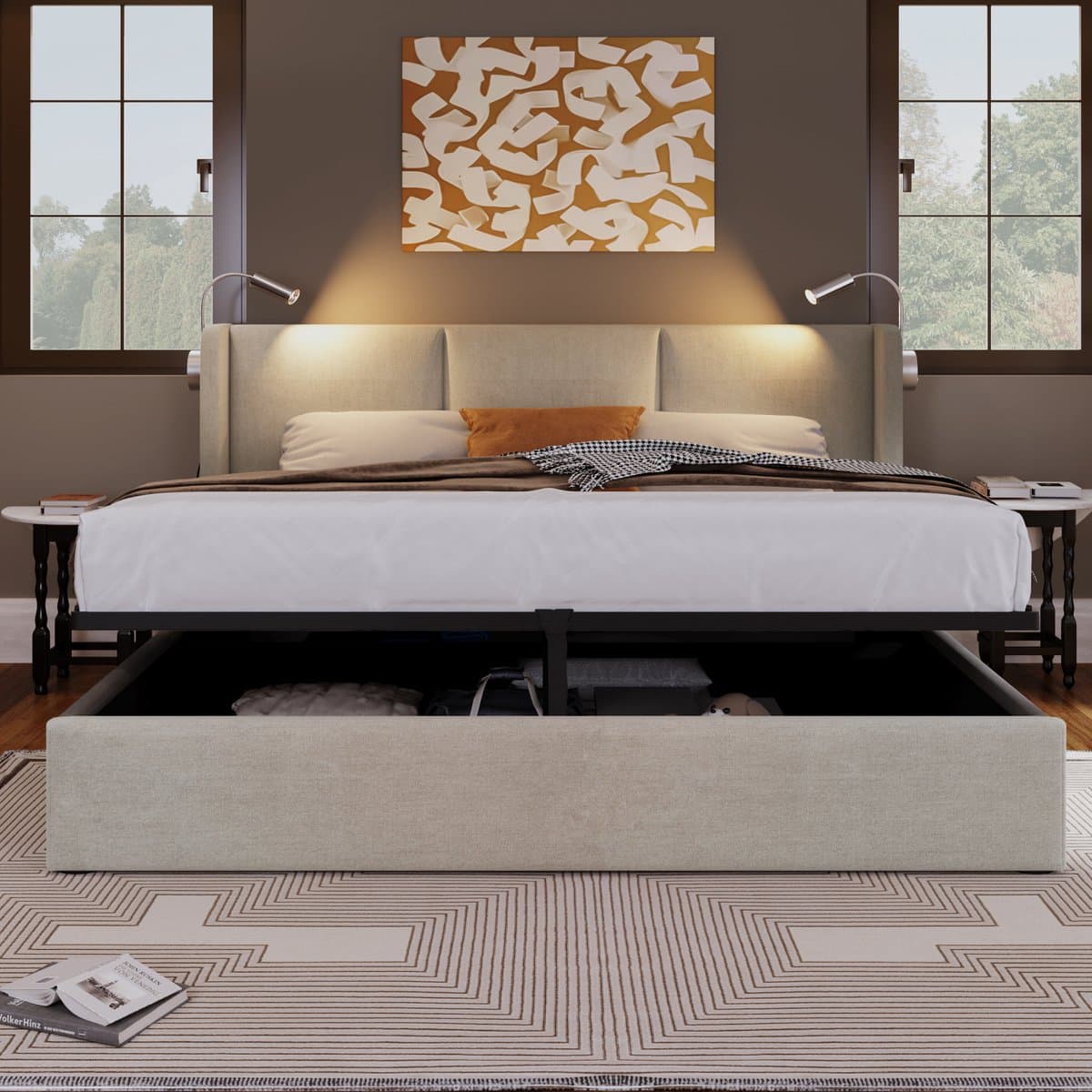 Opbergbed 160x200 cm in Beige met hydraulische functie & 2 Leeslampen – Modern Tweepersoonsbed met Opbergruimte thumbnail 2