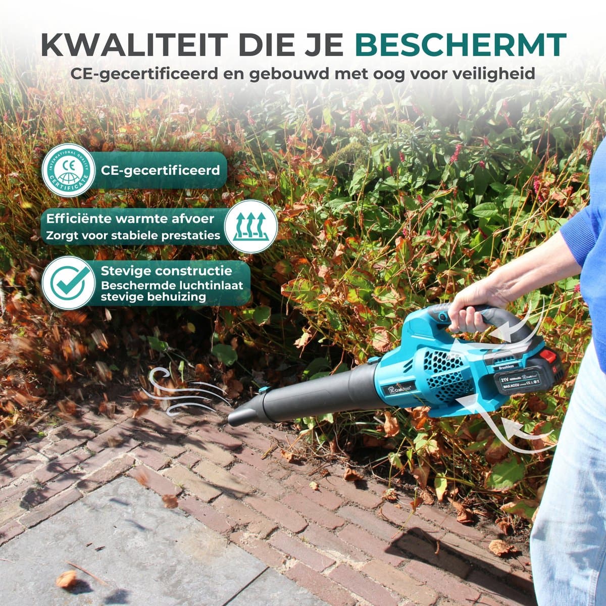 CraftRoot Accu Bladblazer – Draadloze Elektrische Bladblazer met 2x 4.0Ah Accu - Krachtig en Compact - 200km/h – 21.000 RPM thumbnail 7