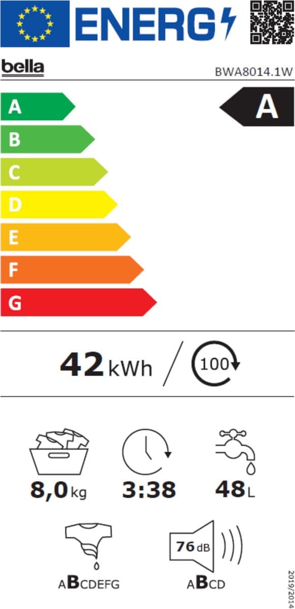 Bella BWA8014.1W - Wasmachine - Stoomfunctie - Energielabel A - 8KG - 1400 Toeren - 16 Wasprogramma's - Wit thumbnail 2