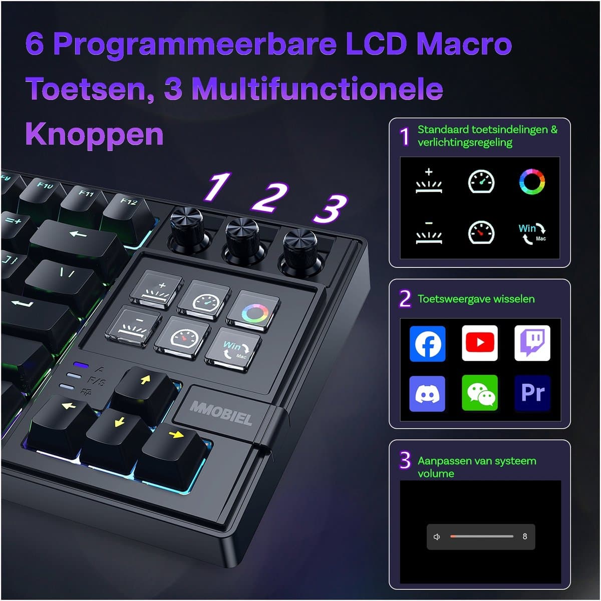 Mechanisch Toetsenbord met Shortcut keyboard van MMOBIEL - QWERTY Hot-Swappable RGB Keyboard met 6 Programmeerbare LCD Macrotoetsen & 3 Draaiknoppen voor Streamen, Videobewerking thumbnail 3
