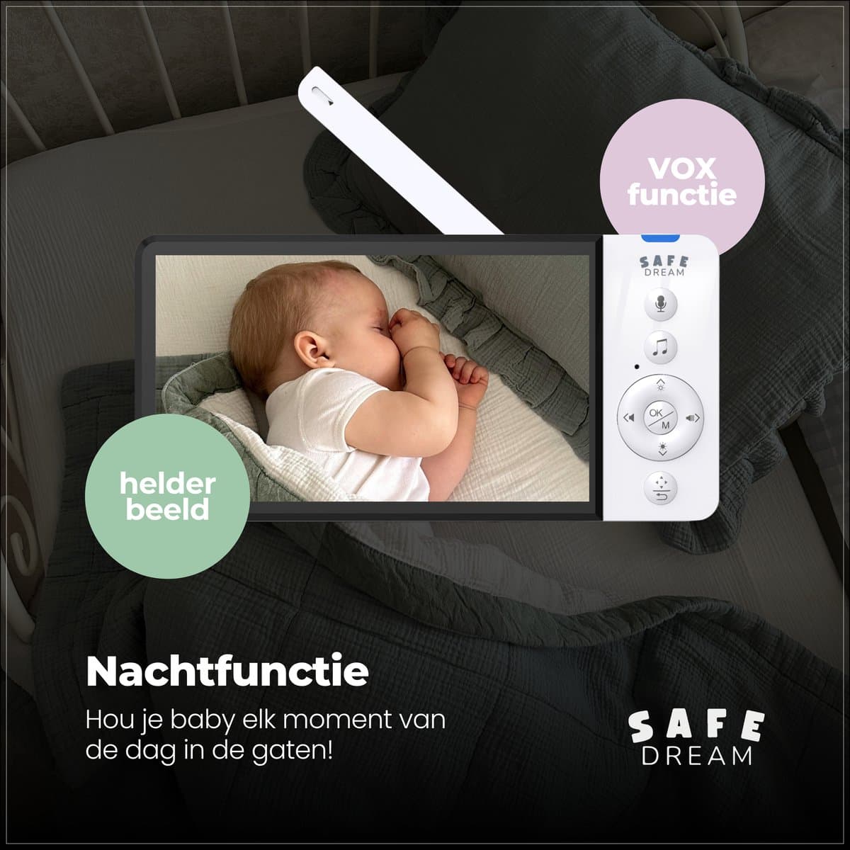 SafeDream Babyfoon – baby monitor – met camera – 355 camera – Tot 30u batterijduur – Veilige FHSS-verbinding – Nachtzicht & Zoomfunctie thumbnail 4