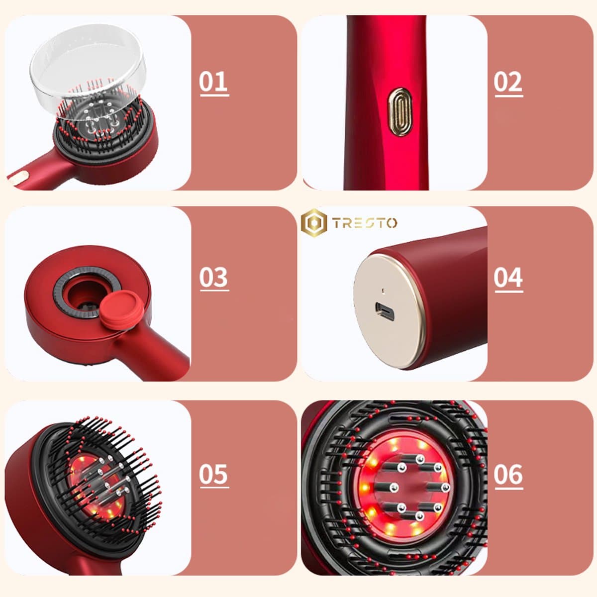 TRESTO - Roodlicht therapie - Lichttherapie lamp - Massage apparaat hoofdhuid - Scalp Brush elektrisch - Hoofdmassagespin - Man&Vrouw - Massage olie Applicator - HaarBorstel - Red light Therapy - Haar olie borstel - Rood thumbnail 2
