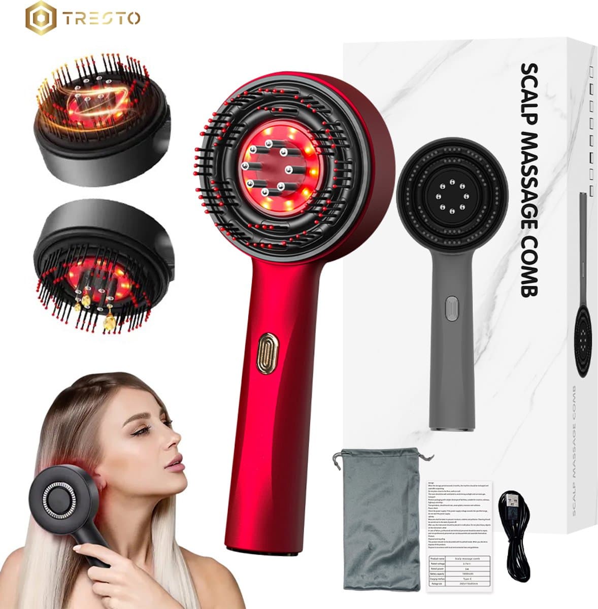 TRESTO - Roodlicht therapie - Lichttherapie lamp - Massage apparaat hoofdhuid - Scalp Brush elektrisch - Hoofdmassagespin - Man&Vrouw - Massage olie Applicator - HaarBorstel - Red light Therapy - Haar olie borstel - Rood thumbnail 6