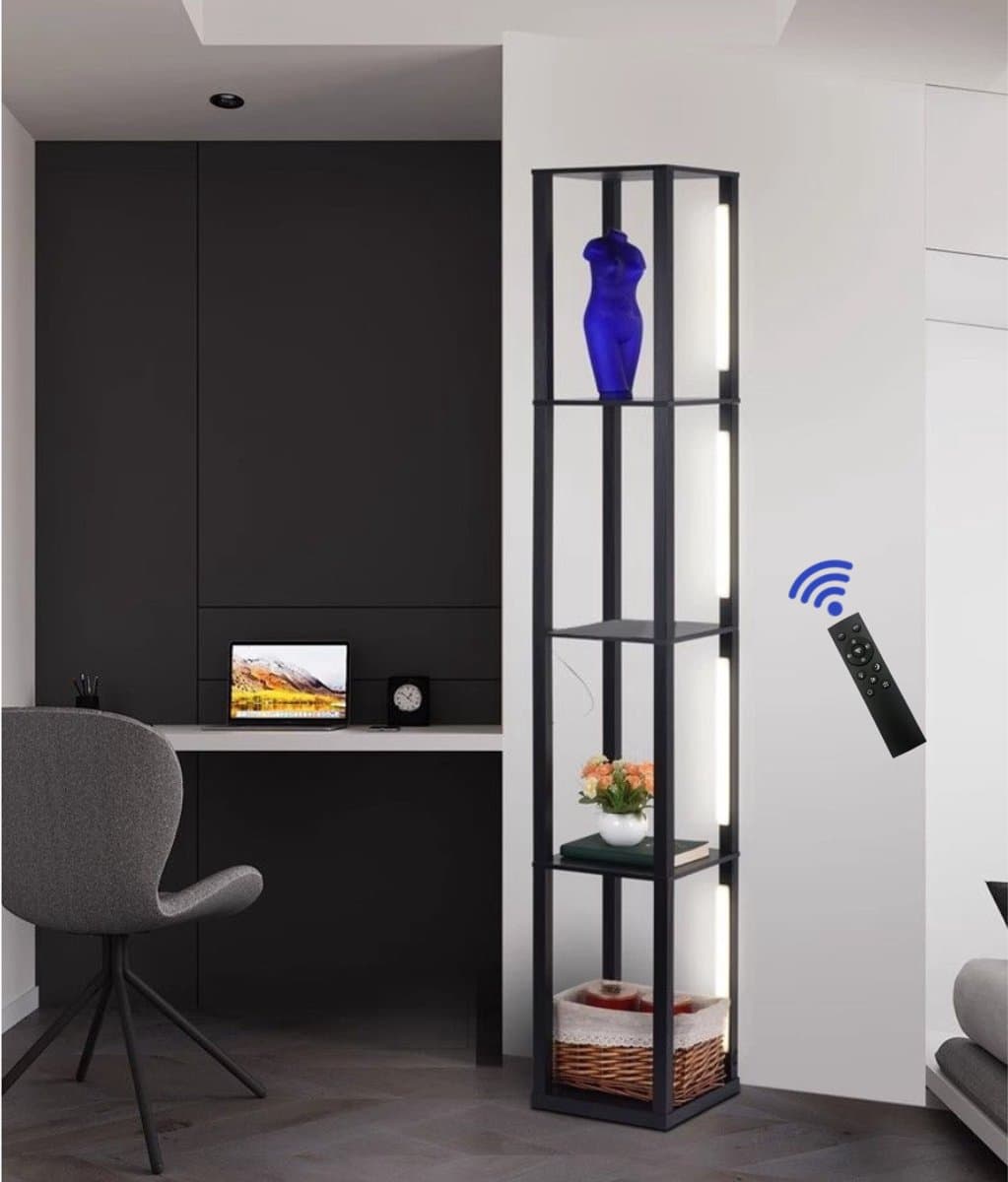 Livista® Staande Lamp – Dimbare LED Verlichting – Met Voetschakelaar – 4 Open Planken – Modern & Functioneel – 163 cm Hoog – Zwart – Perfect voor Woonkamer, Slaapkamer of Kantoor thumbnail 3