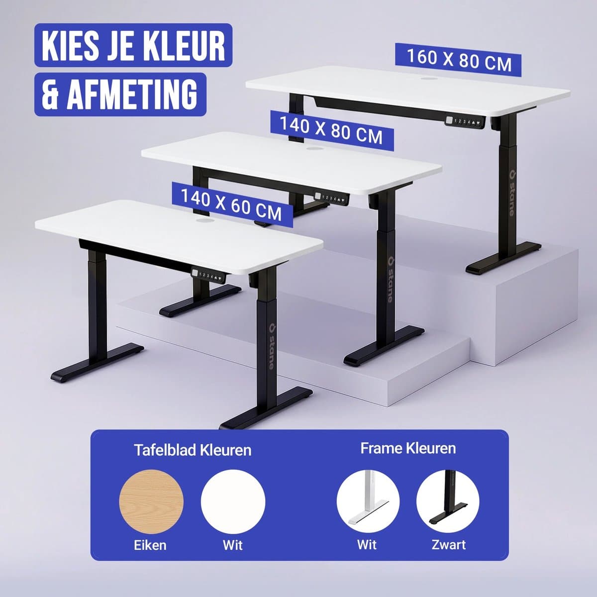 Stane Zit Sta Bureau Elektrisch Verstelbaar - 4 Geheugen Standen - Incl. Kabelgoot - 160 x 80 cm - Wit Blad, Zwart Frame thumbnail 3