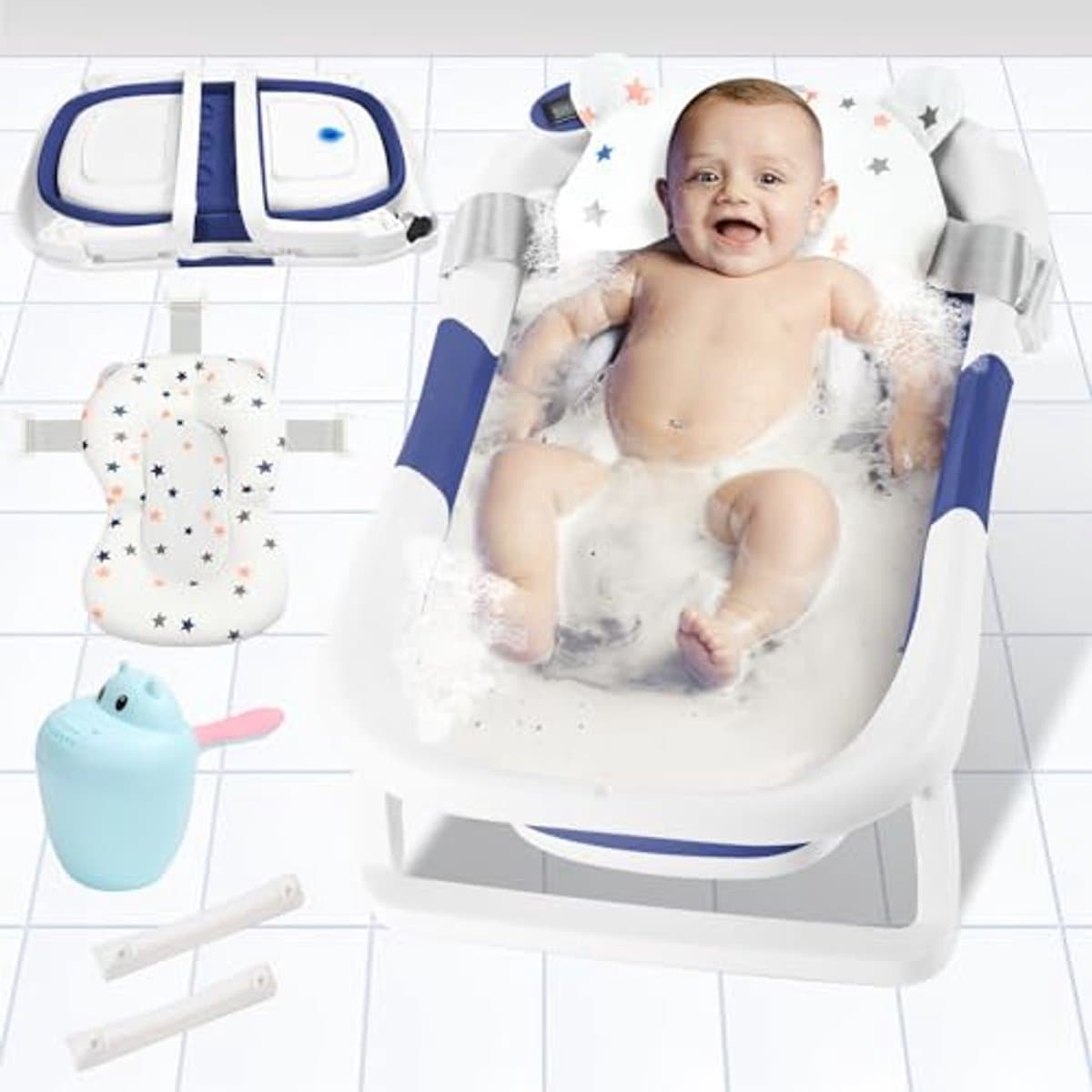 Opvouwbare babybadkuip voor pasgeborenen en peuters met thermometer - Draagbare babybath voor 0-36 maanden in blauw thumbnail 6