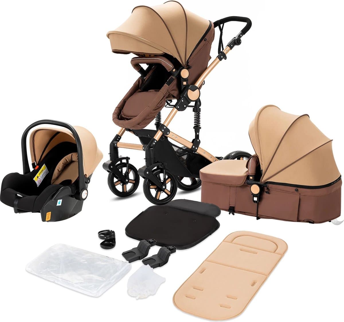Luxe 3-in-1 Kinderwagen - Wandelwagen - Autostoeltje - Buggy - Reiswieg - Inklapbaar - 0-36 Maanden - Khaki