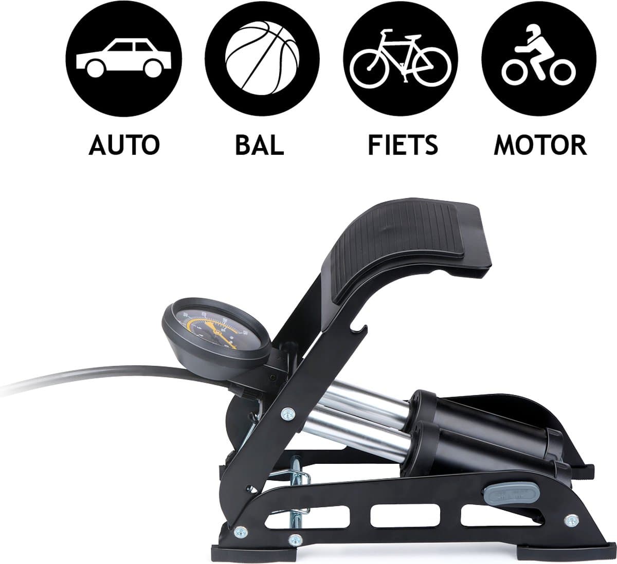 Dunlop Dubbele Voetpomp met Manometer - Luchtpomp voor Auto, Fiets, Motor en Bal - Fietspomp met Drukmeter - Pomp met Schrader Ventiel en Frans Ventiel Universeel thumbnail 5