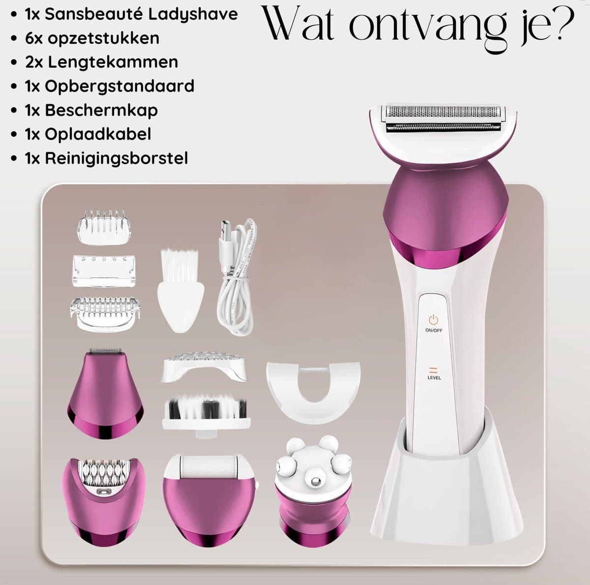 Sansbeauté® 6-in-1 Ladyshave - Gezicht - Oksels - Benen - Bikinilijn - Scheerapparaat Vrouw - Epilator - Epileerapparaat Dames - Trimmer Vrouw Intiem - Bikinitrimmer - USB Oplaadbaar thumbnail 8