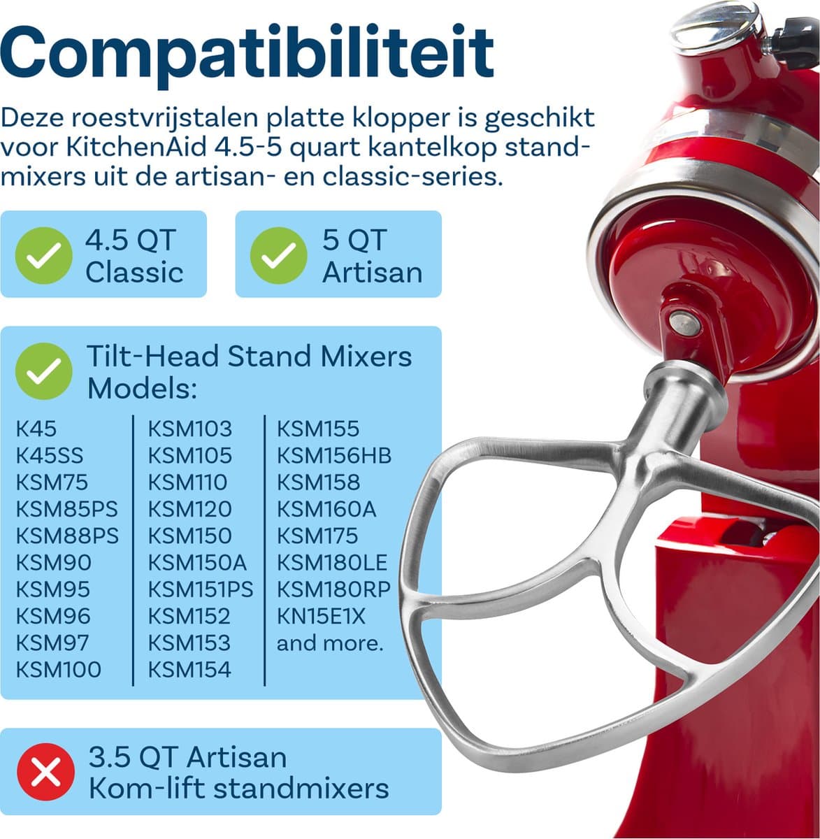 Roestvrijstalen Platte Mixer K45B voor KitchenAid 4,5-5 Quart Tilt-Head Stand Mixers Artisan & Classic Series van MMOBIEL – Opzetstuk Keuken – Platte Deegklopper Accessories – Vaatwasmachinebestendig thumbnail 2