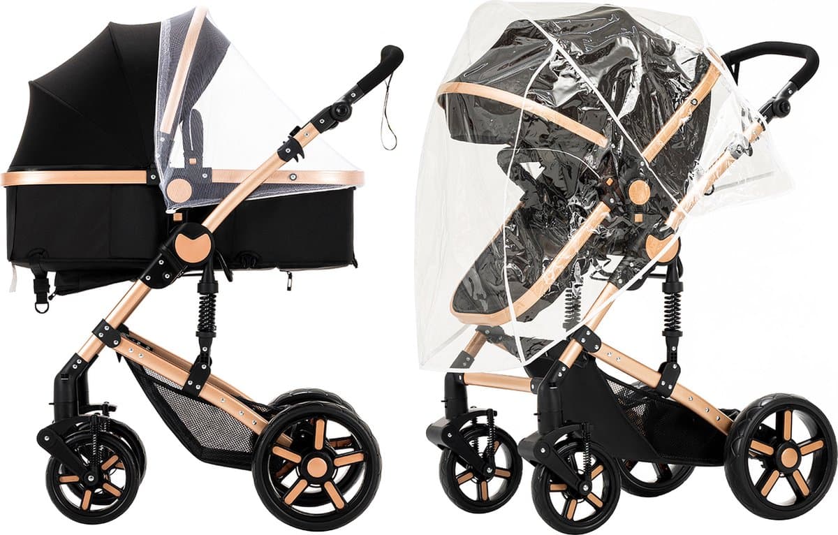 Luxe 3-in-1 Kinderwagen - Wandelwagen - Autostoeltje - Buggy - Reiswieg - Inklapbaar - 0-36 Maanden - Zwart/Goud thumbnail 3