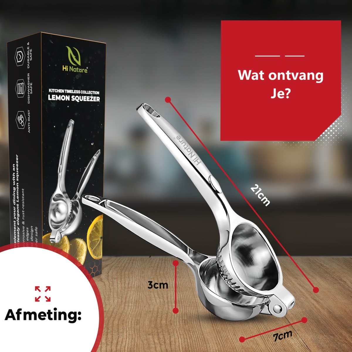 HI NATURE™ Robuuste Kwaliteit Citroenpers | Limoenpers - Handmatige Citroenpers - Lemon squeezer - Citrusknijper - Fruitpers - Sinaasappelpers | Zilver thumbnail 7