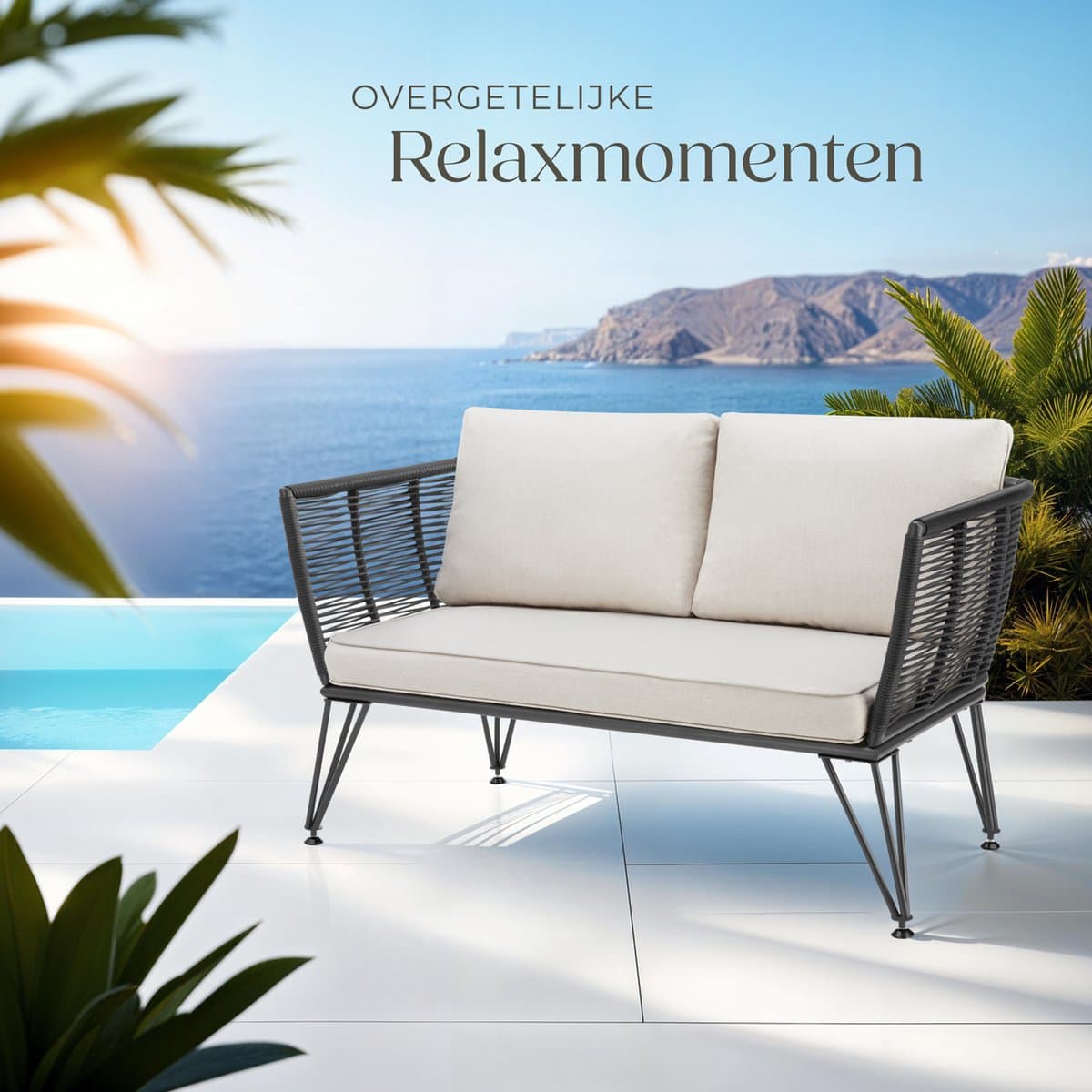 tectake® Tuinbank Sundo - Wicker Loungebank - Rope-Design Lounge Bank met Dikke Kussens - Ideaal voor Balkon, Tuin of Terras - Weerbestendig thumbnail 6