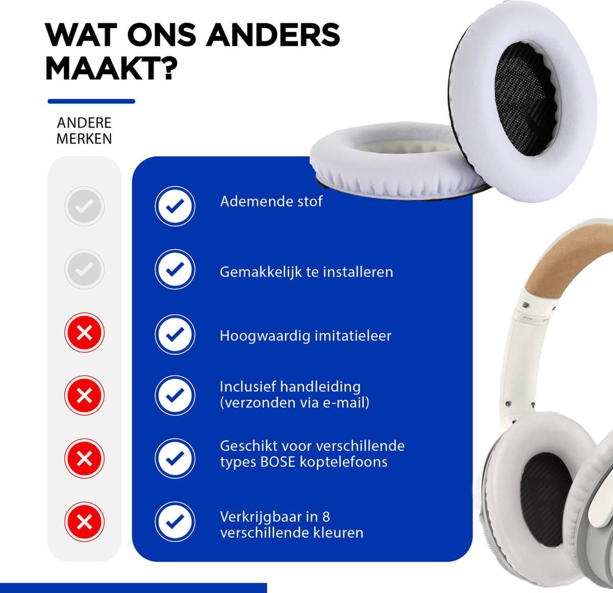 Set Oorkussens geschikt  voor Bose QuietComfort 35 ii / 35 / 25 / 15 / 2 / Soundtrue - Soundlink Around-Ear AE2 / AE2W / AE2I - Oorkussens voor koptelefoon - Ear pads headphones wit thumbnail 6