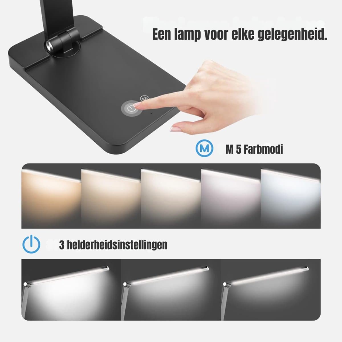 QORA® Bureaulamp led dimbaar daglicht - USB oplaadbaar - 5 kleurenfuncties - Daglichtlamp - Touchscreen - Lichttherapielamp - Hobby lamp voor schilderen, puzzelen – UV-Vrij - Tafellamp/lamp staand - Zwart - ‎40cm x 12cm x 4cm thumbnail 3