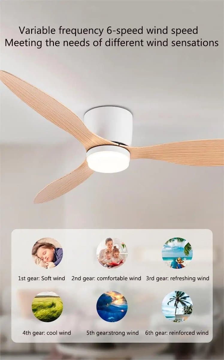 Plafondventilator 3 blad Ø105cm hout - stille ventilator – top kwaliteit - energie zuinig -met remote - ventilator voor laag plafond - 6 snelheden – beste alternatief voor airco - zomer en winter stand – houten ventilator thumbnail 2