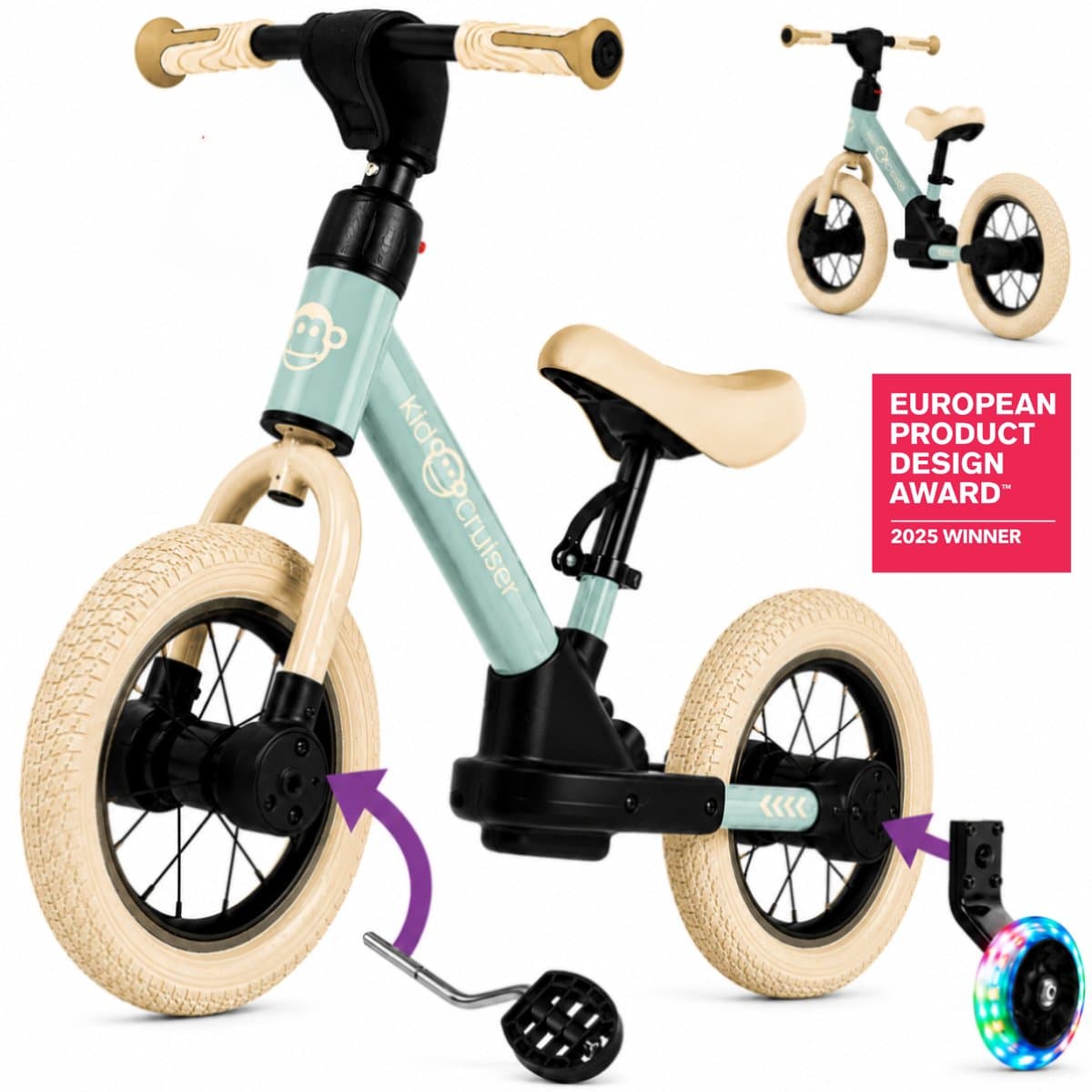 Kidcruiser Loopfiets 2+ jaar - 3-in-1 design met LED