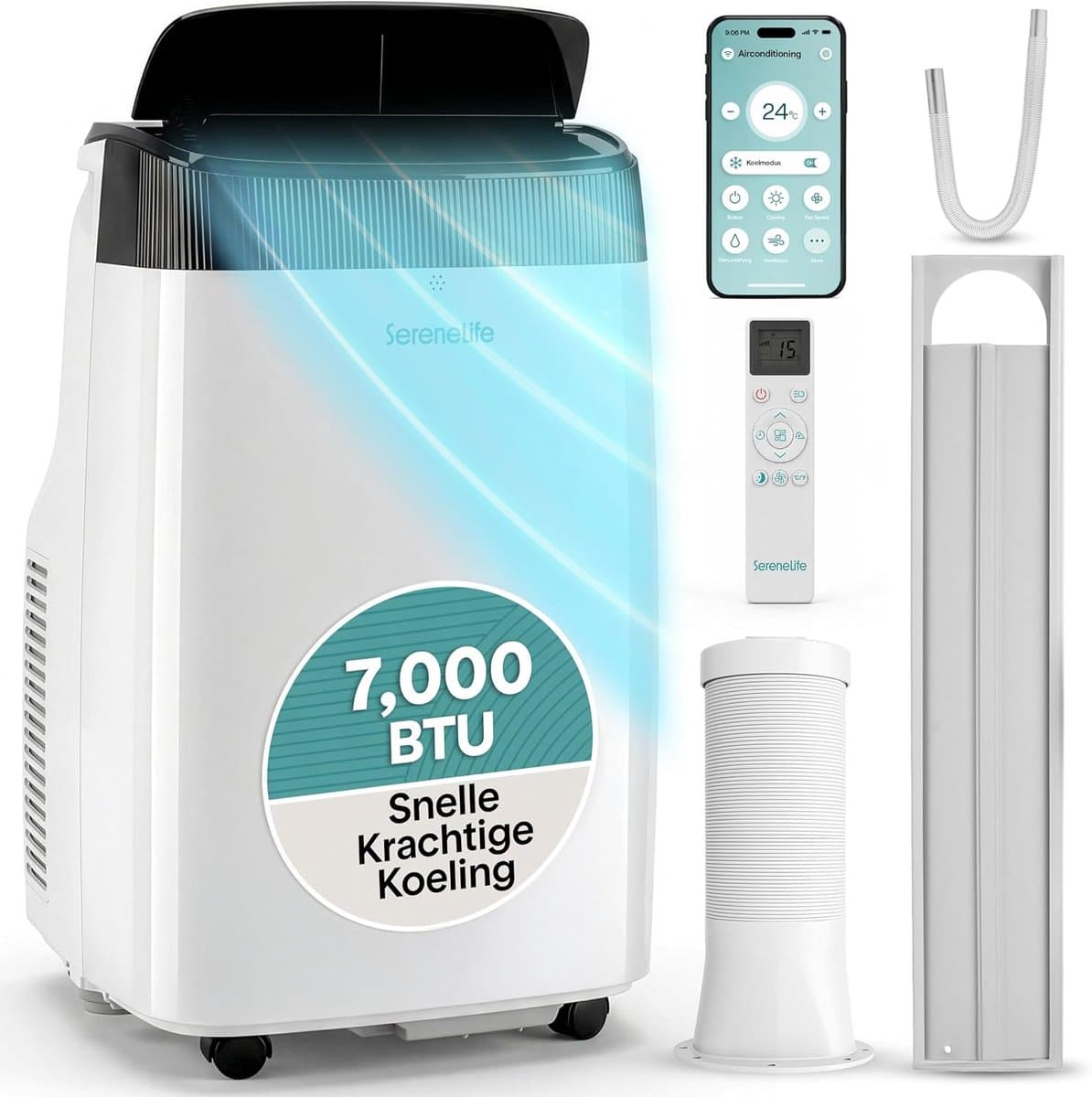 Mobiele airco 7000 BTU – Met WiFi en app – Ontvochtiger – Ventilator – Met raamkit