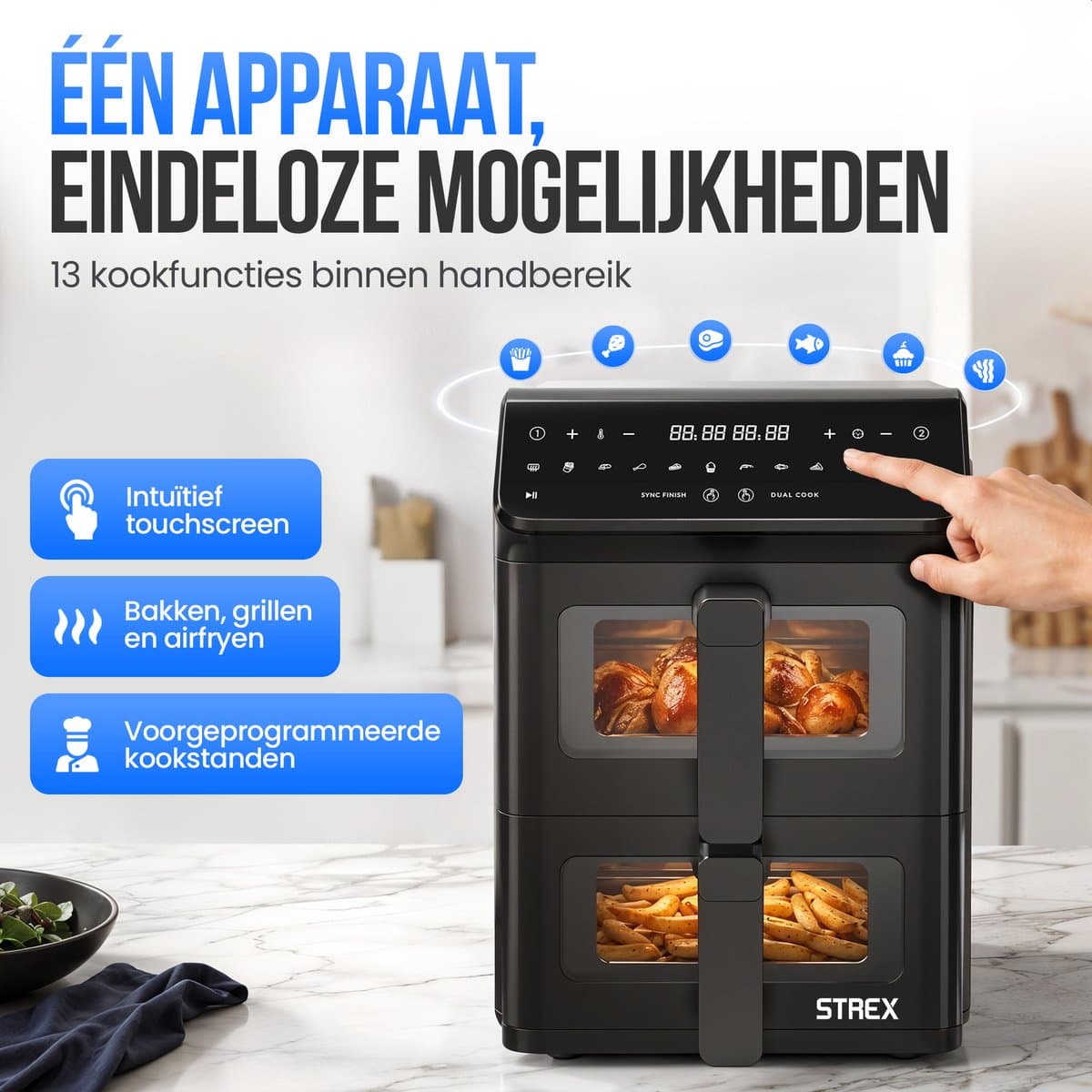 Strex Airfryer Dubbele Mand 11L XXL Heteluchtfriteuse 2500W - Airfryer 2 Manden - Dual Basket - 13 Kookprogramma's - Airfryer Verticaal Groot voor Gezin thumbnail 5