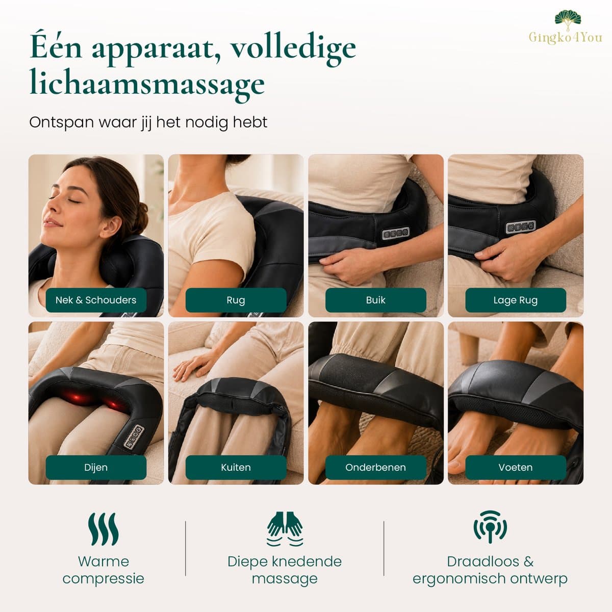 Gingko® Zen Shiatsu Massagekussen - Nekmassage Apparaat Draadloos - Infrarood Warmtefunctie - Elektrisch - Rugmassage Apparaten voor Nek, Schouder, benen, voeten, buik - 8 Massagekoppen met Infrarood - 1,5 uur gebruik - Luxe Opbergtas - Zwart/Grijs thumbnail 5