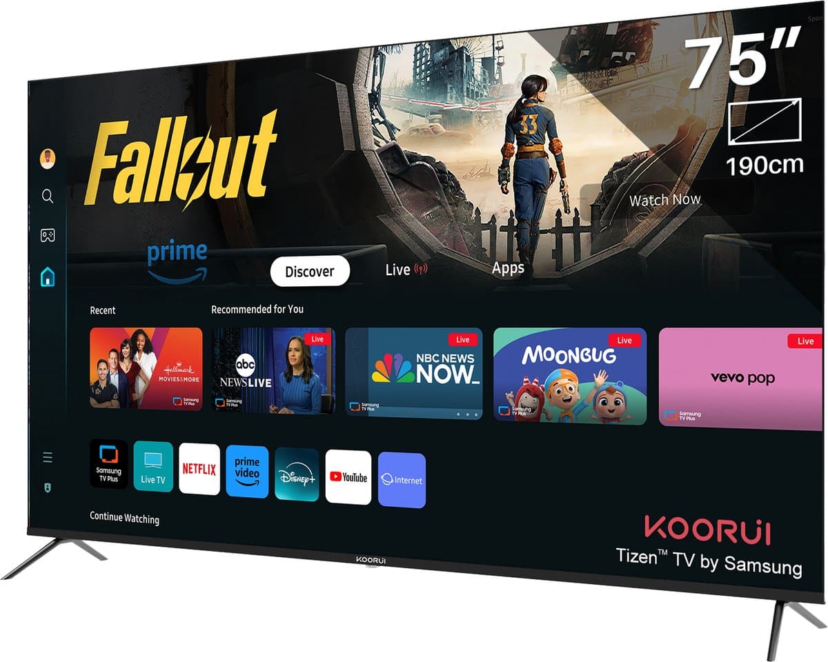 Koorui Tizen by Samsung Smart TV - QLED 4K Ultra HD - 75 inch/191 cm - Voice Controle - Streaming apps – AirPlay – Hotelmodus - HDMI x3, USB x2, CI+ - Tripple Tuner DVB-T/T2/S/S2/C - Frameless Design - Geassembleerd in Nederland - K75D5UQ-T8 thumbnail 4