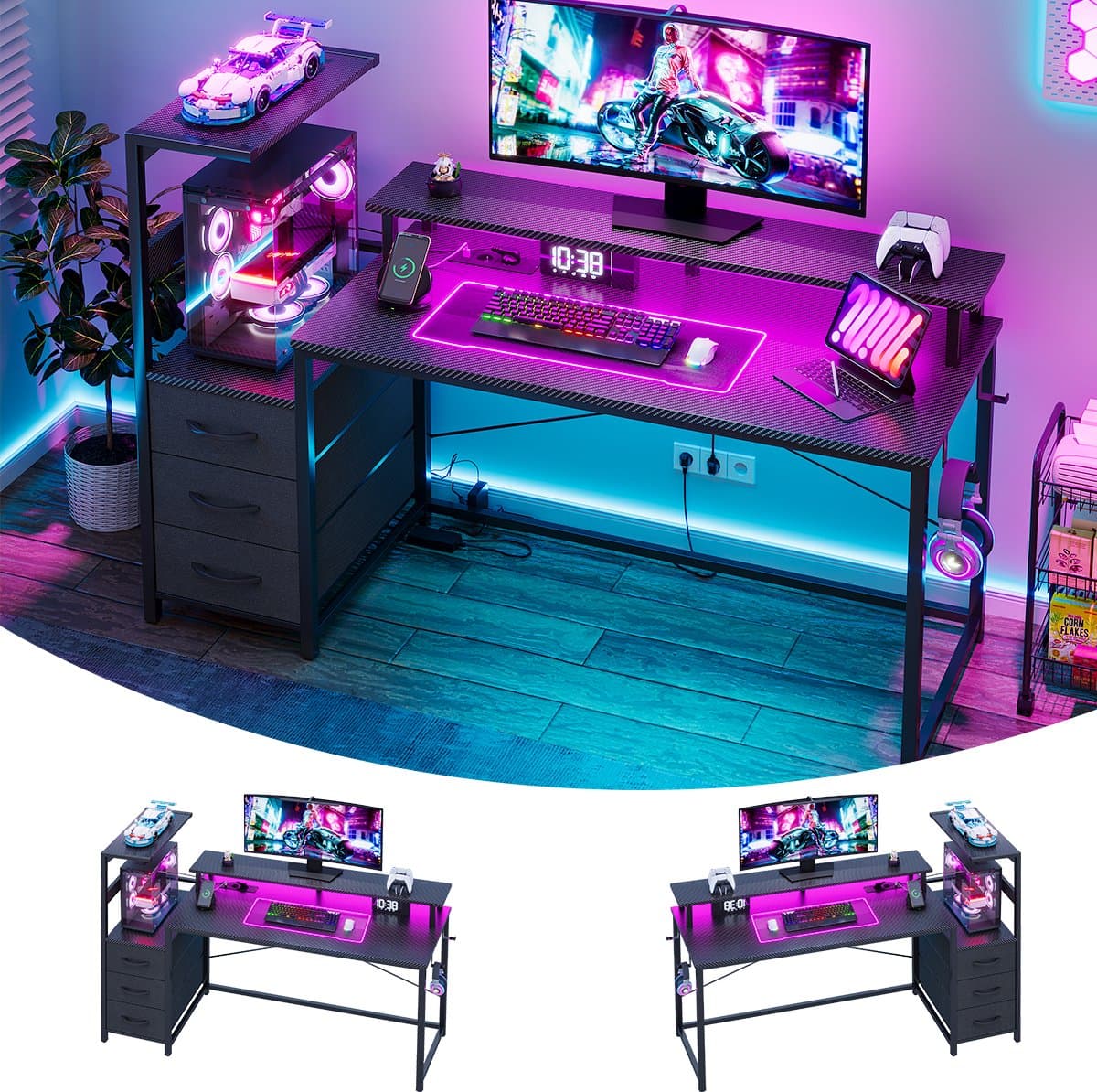 Gaming Bureau met LED Verlichting - 150L x 115H x50B cm - Hoekbureau met Stopcontact - 3 Non Woven Lade - Gaming Desk - Computer Tafel - Gaming Tafel - met Opbergplanken & IJzeren Haak - Zwart - Bureau voor Gamen, Studeren en Werken