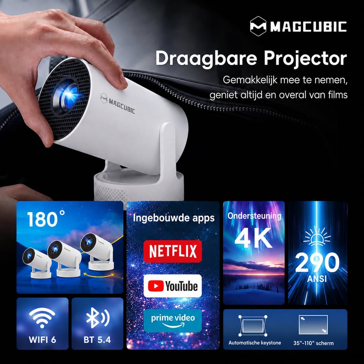 Magcubic® HY300pro Beamer Mini Smart Projector –4K Draagbare Beamers-Native Full HD - 290 ANSI Lumen Home Cinema- Laserprojector Thuisbioscoop- Auto Keystone- iOS&Android 14-Google Playstore&Netflix– WiFi 6 & Bluetooth 5.4 thumbnail 3