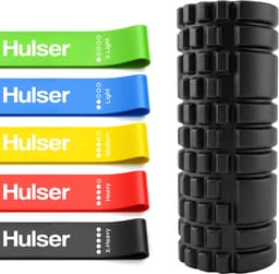 Productfoto van Hulser Sportieve bundel - Foam roller en Mini weerstandsbanden set - Zwart - Met digitale startgidsen - Weerstandsband en Massage roller – Herstel - Fitness booty band en Yoga foamroller - Voor triggerpoint massage en stretch - Grid Trigger
