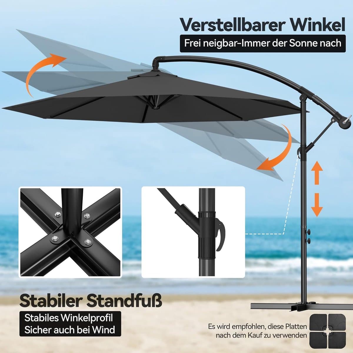 Zweefparasol 300 cm met Zwengel & Kruisvoet – UV-Bescherming – Vrijhangende Tuinparasol voor Terras, Balkon & Tuin – Donker grijs thumbnail 6