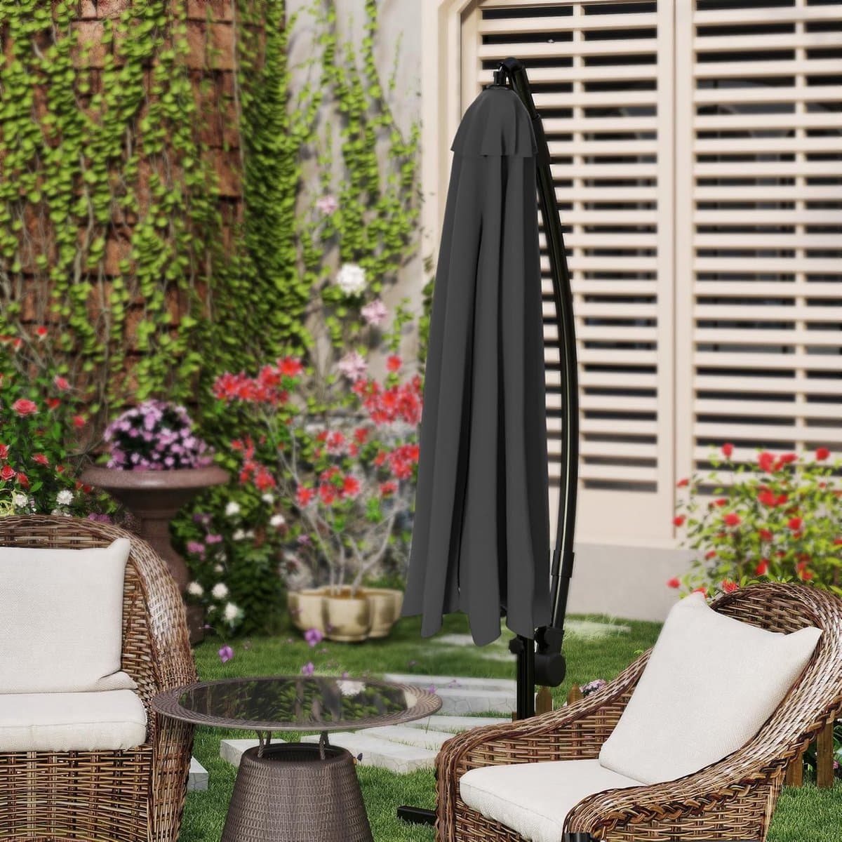 Zweefparasol 300 cm met Zwengel & Kruisvoet – UV-Bescherming – Vrijhangende Tuinparasol voor Terras, Balkon & Tuin – Donker grijs thumbnail 3