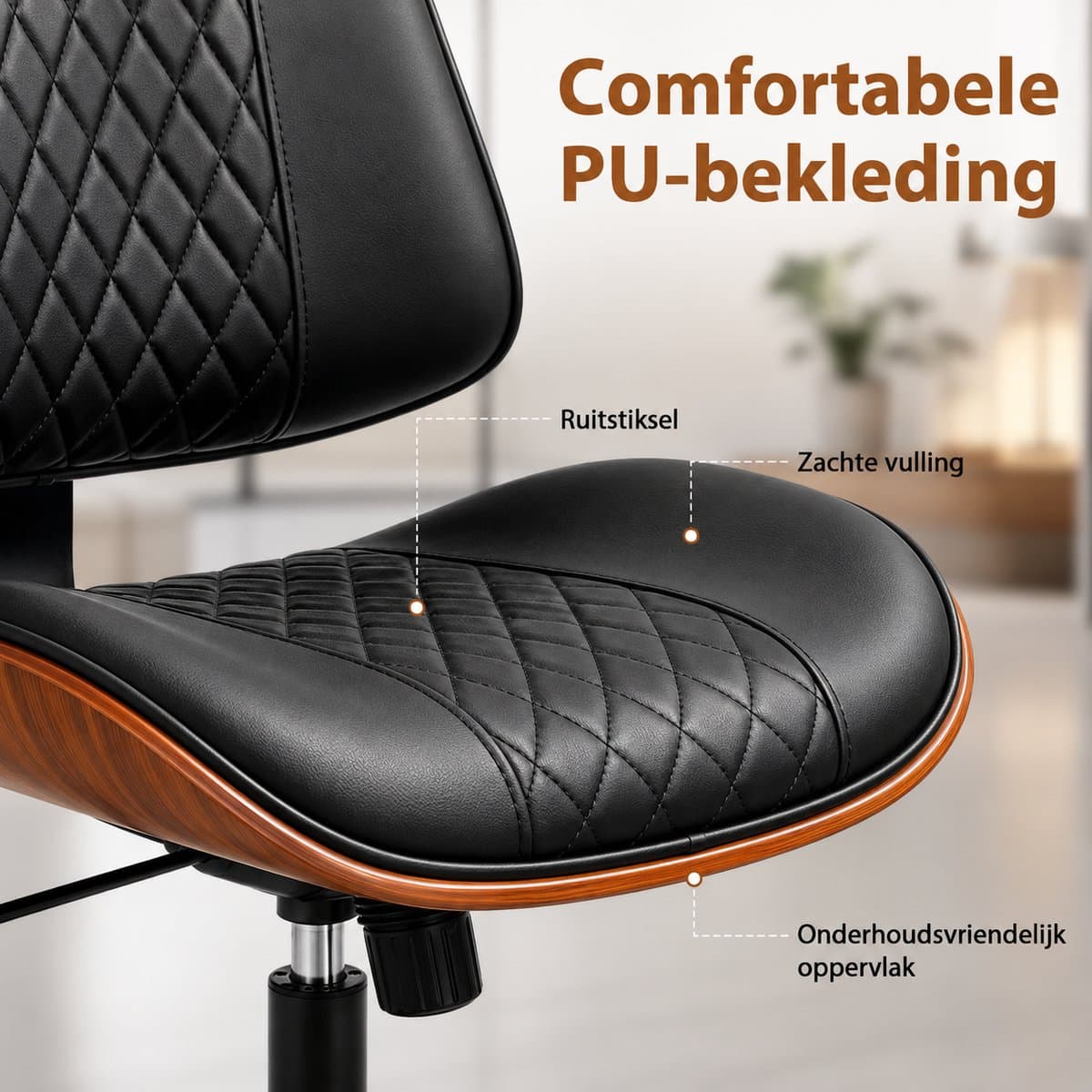 Durrafy Ergonomische Bureaustoel - Bureaustoel zonder Armleuningen - Bureaustoelen voor Volwassenen - Verrijdbaar & In Hoogte Verstelbaar - 360° Draaibaar - 90°-130° Kantelbare Rugleuning - PU-Kunstleer - Decoratieve Warmbruine Afwerking - Zwart thumbnail 4