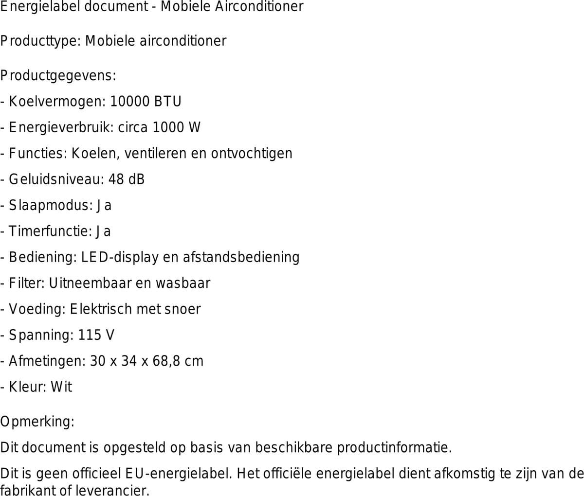 Mobiele airco 10000 BTU stil draagbaar met ontvochtiger, afstandsbediening en 4-in-1 functie thumbnail 2